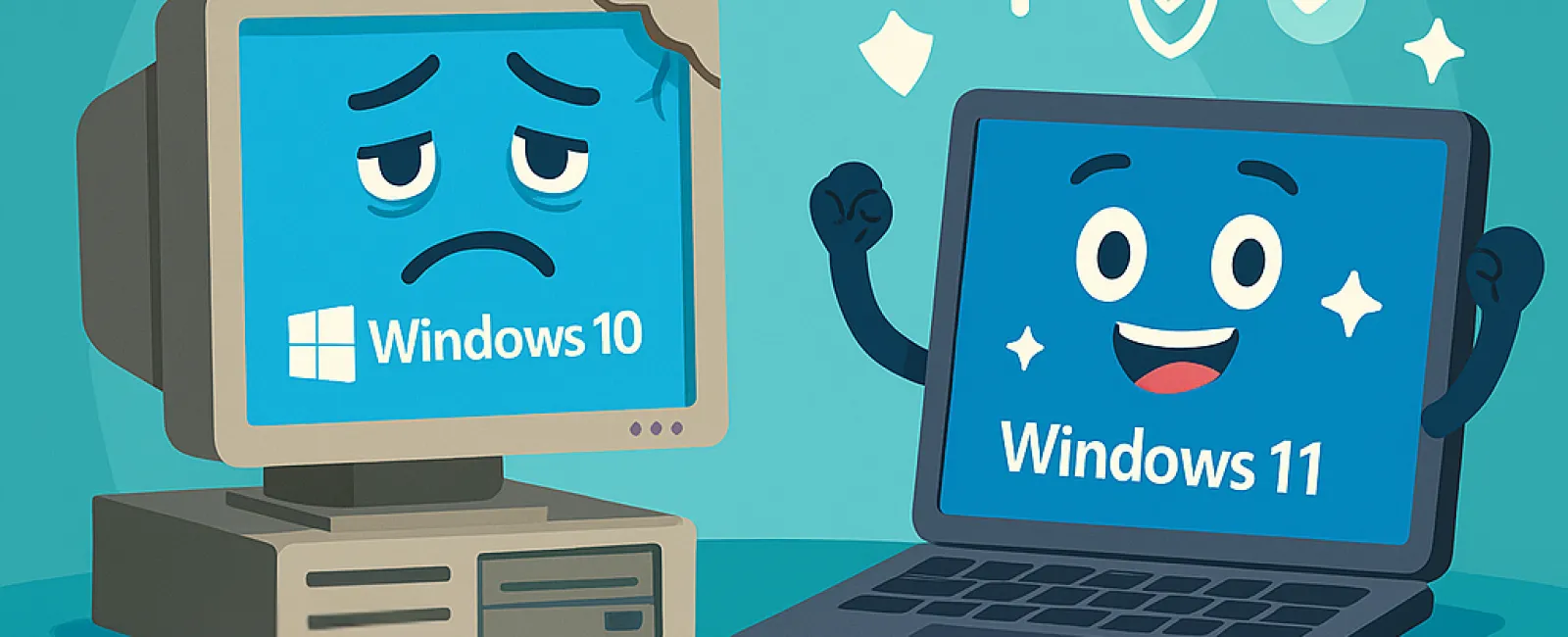 Old sad Windows 10 computer contrasts with happy modern Windows 11 laptop showing upgrade and improvement.