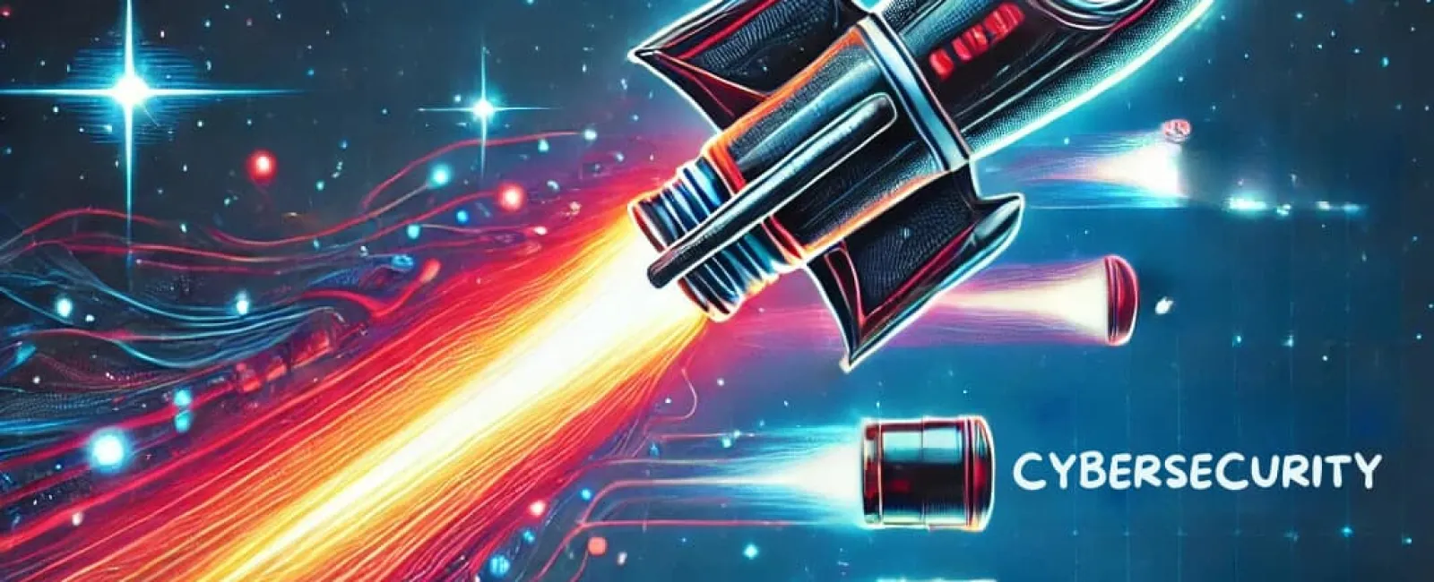 Rocket symbolizing business growth in 2025 with focus on cybersecurity, AI, and cloud technology in space.