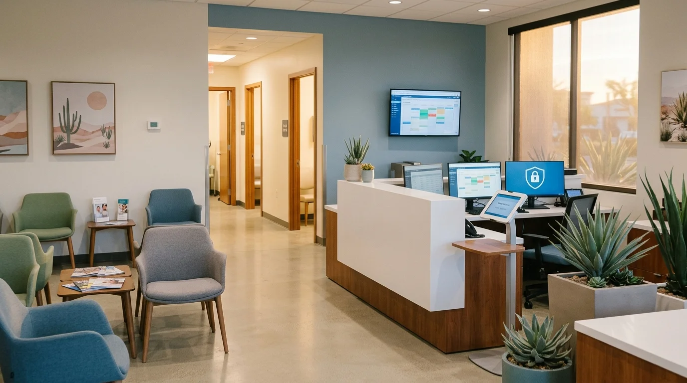 Modern medical practice clinic interior with EHR systems and check-in technology